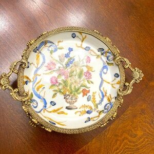 Antique Hua Rong Tang Zhi Porcelain and Ornate Bronze Footed Tray